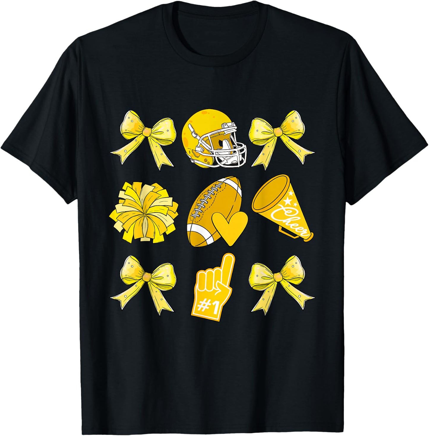 Cheer Football Coquette Bow Game Day Cheerleader Yellow T-Shirt - T-Shirt | Black