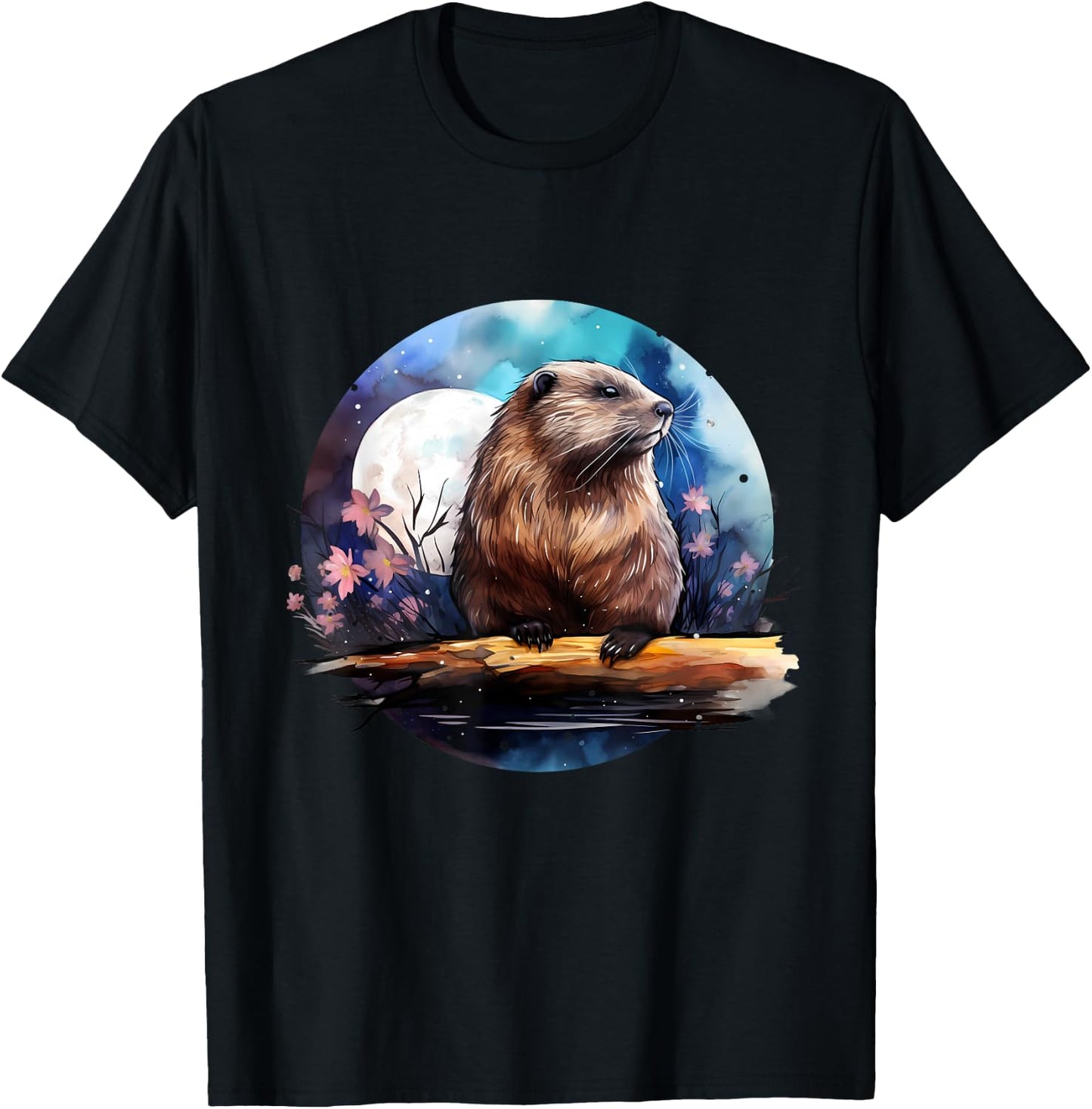 Beaver Flowers Colourful Animal Art Artwork Nature Forest T-Shirt - T-Shirt | Black