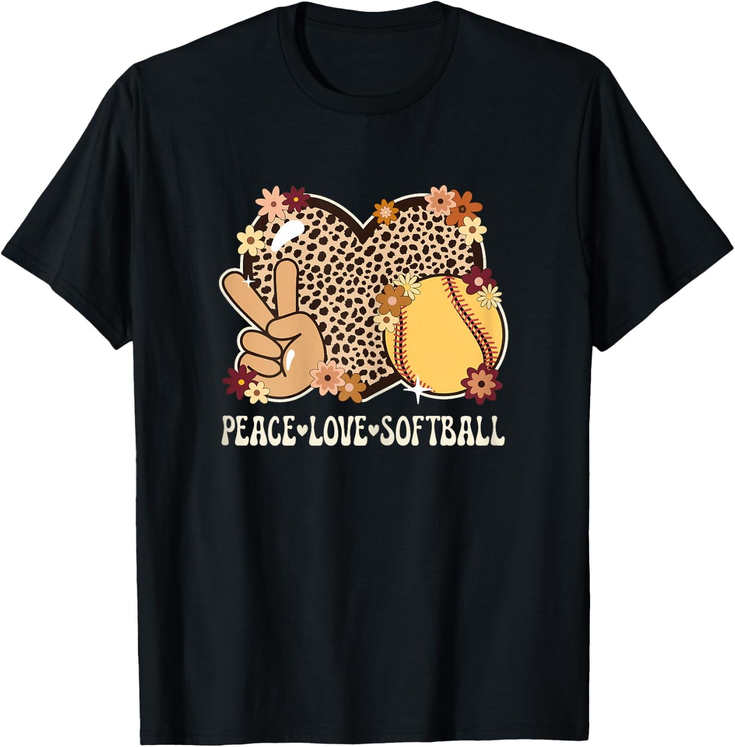Peace Love Softball Lover Outfit Cheetah Print Girl Softball T-Shirt - T-Shirt | Black