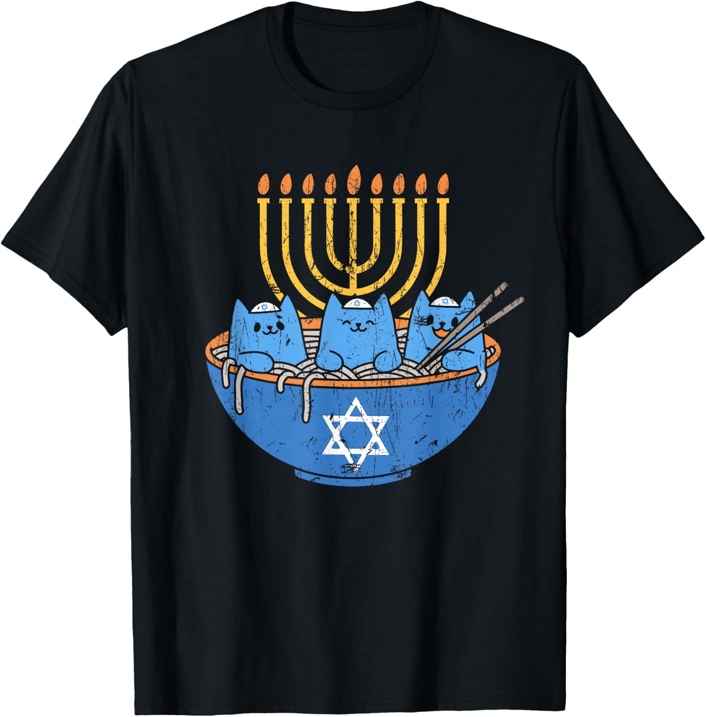 Chanukah Lover Hanukkah Gifts Jewish Cats Ramen Kitten Anime Hanukkah - -Adult, Anime, Cat Lovers, Families - Black, Small, Short Sleeve T-Shirt - T-Shirt | Black