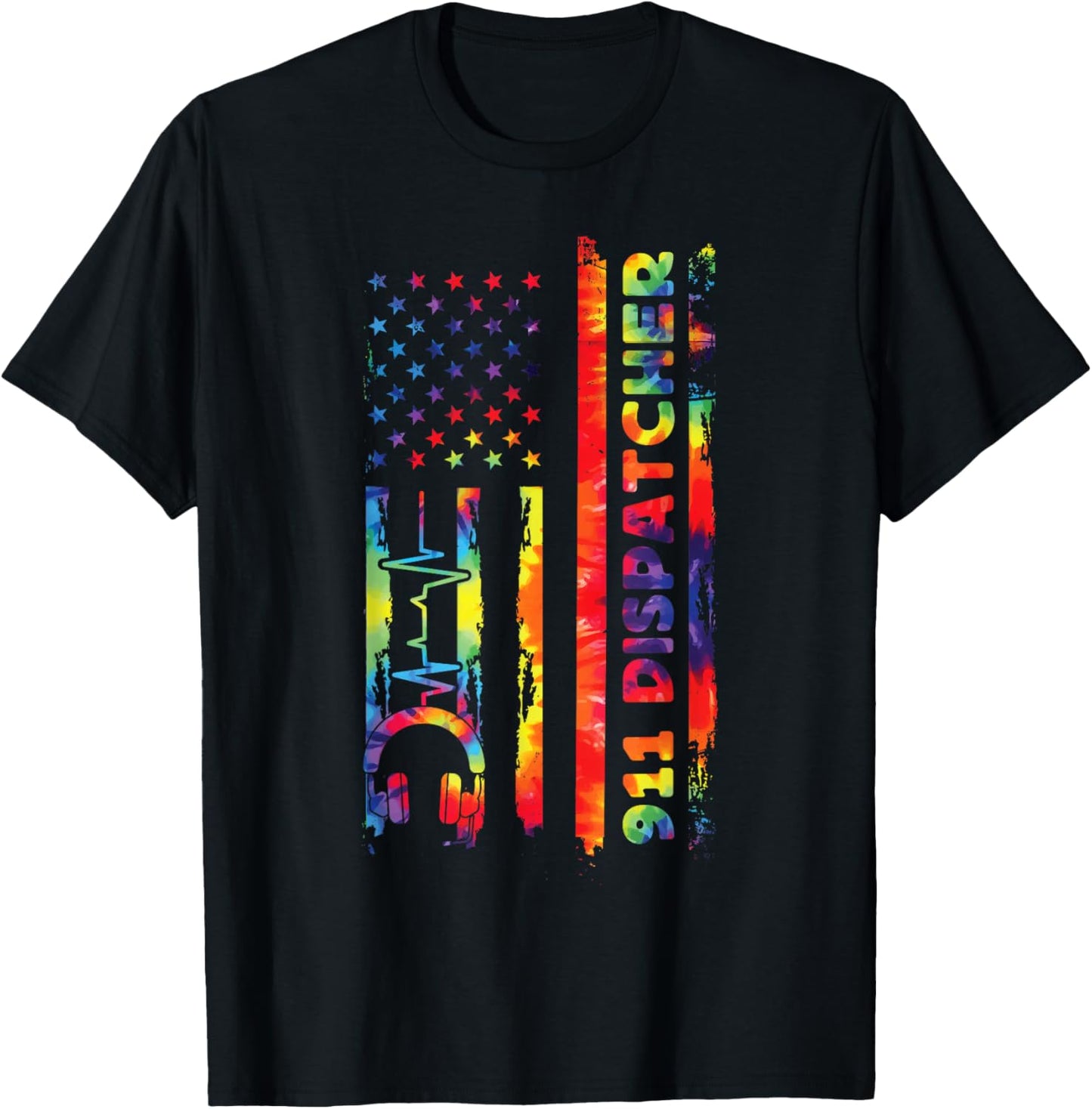911 Dispatcher Thin Gold Yellow Line American Flag Tie Dye T-Shirt - T-Shirt | Black