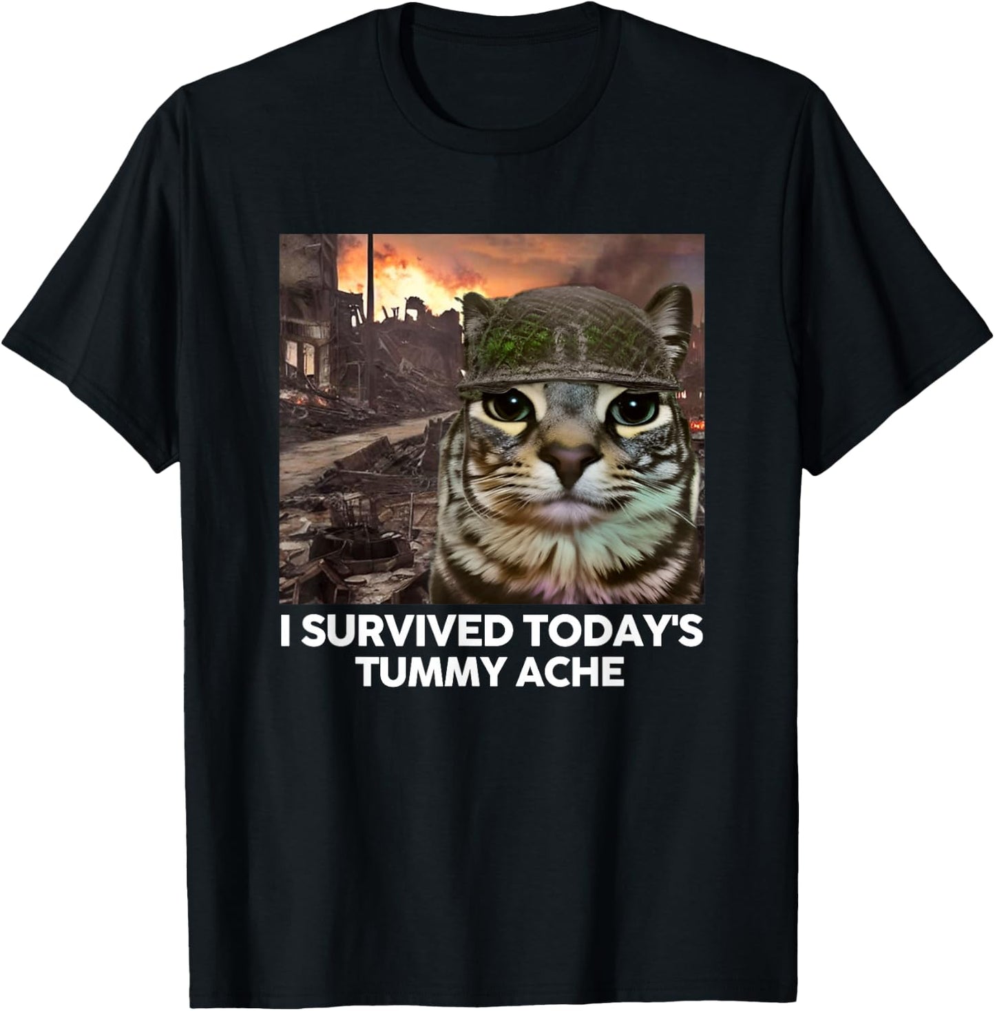 I Survived Today's Tummy Ache Funny Cat Meme Men Women Girls Kids T-Shirt - T-Shirt | Black