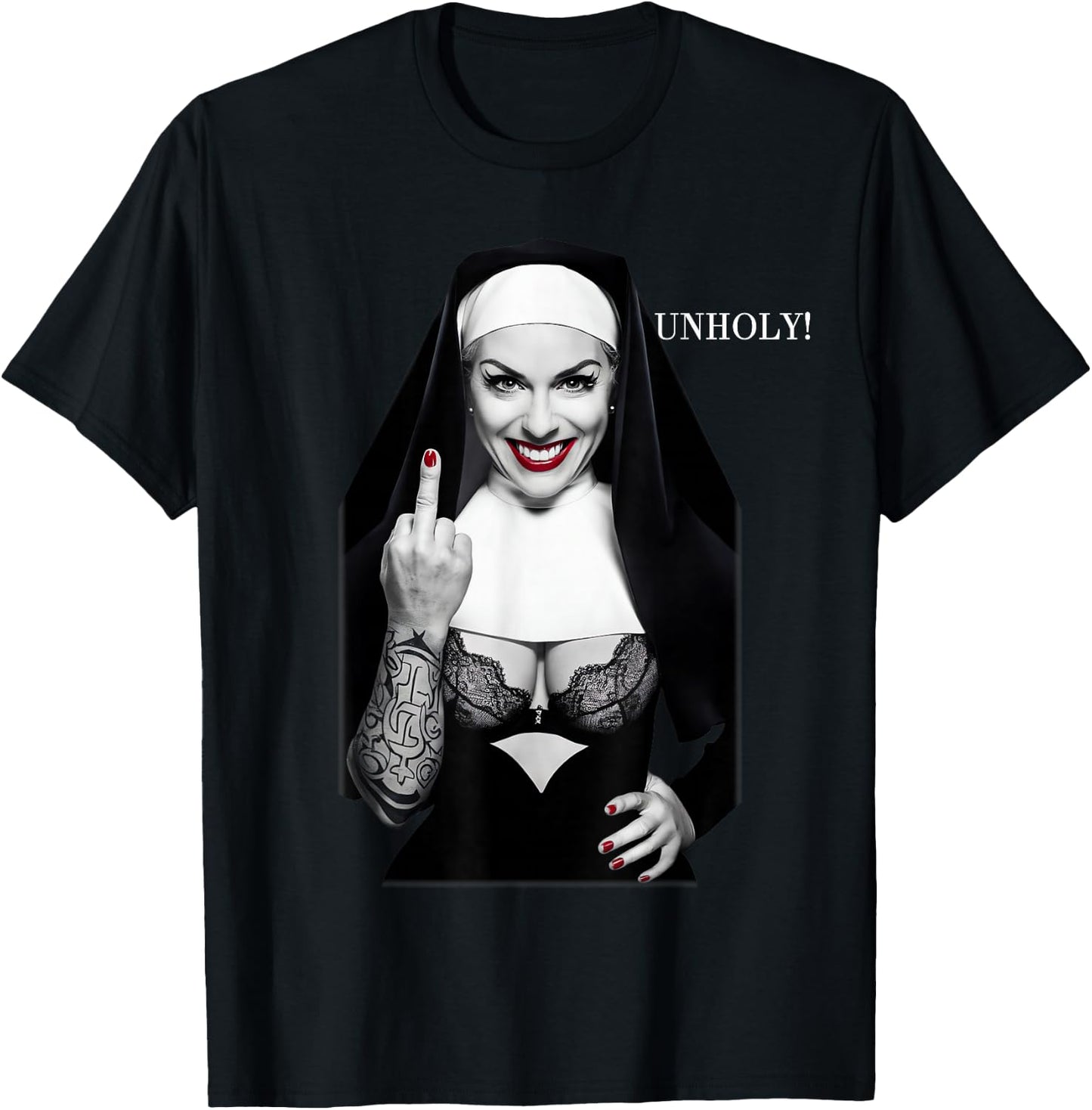 Sexy Nun Middle Finger , black T-Shirt - T-Shirt | Black