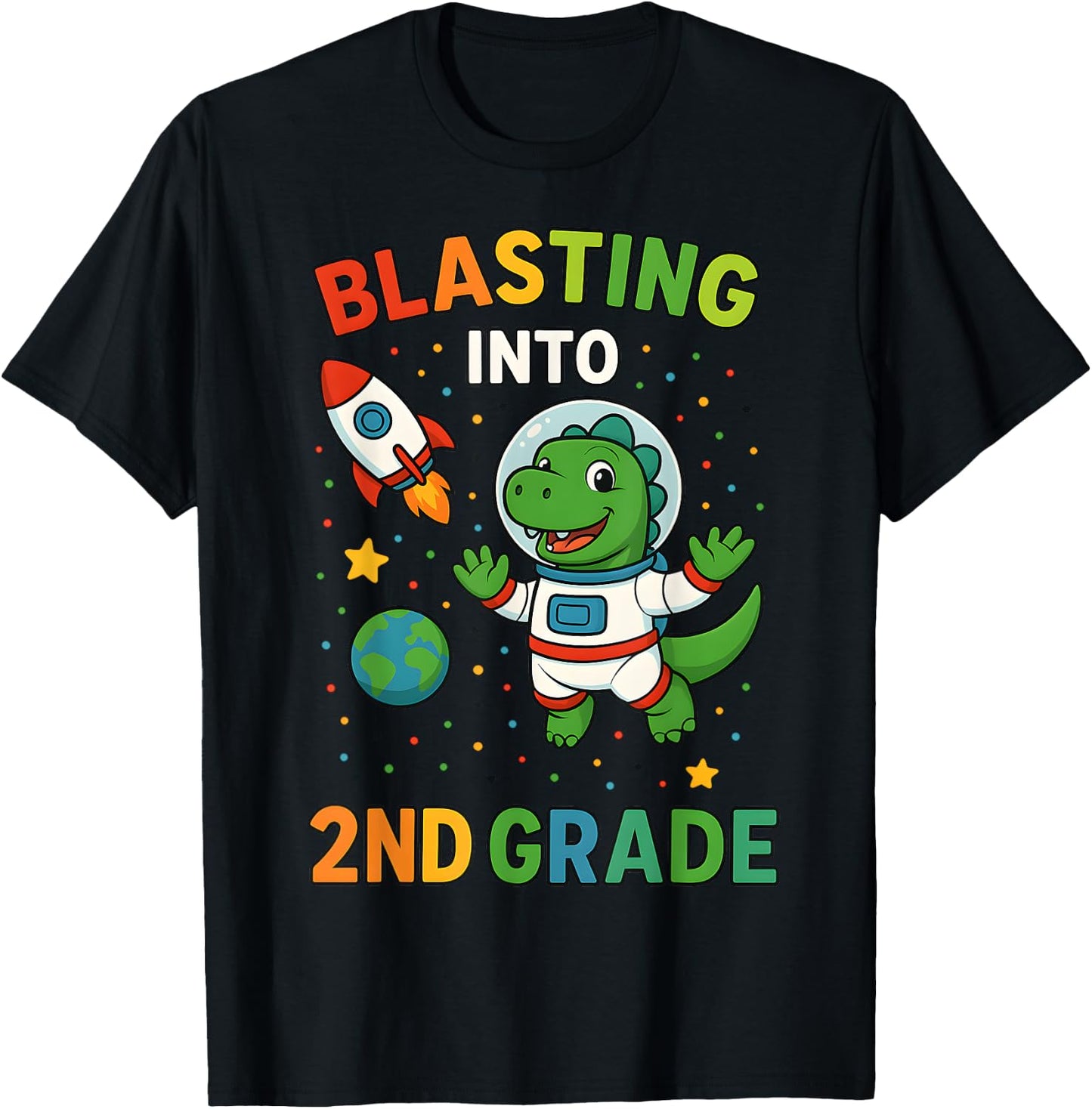 Blasting Into 2nd Grade Dinosaur Astronaut Back To School T-Shirt - T-Shirt | Black