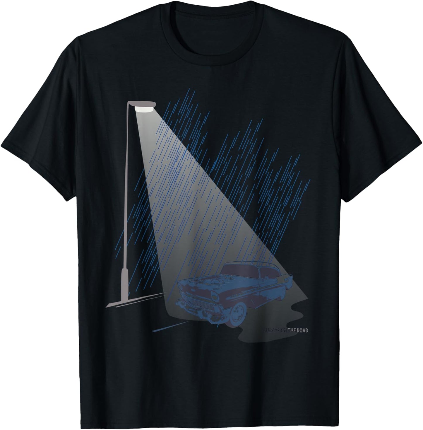 Retro Car Street Lamp Light Rainy Night Classic Road Trip T-Shirt - T-Shirt | Black