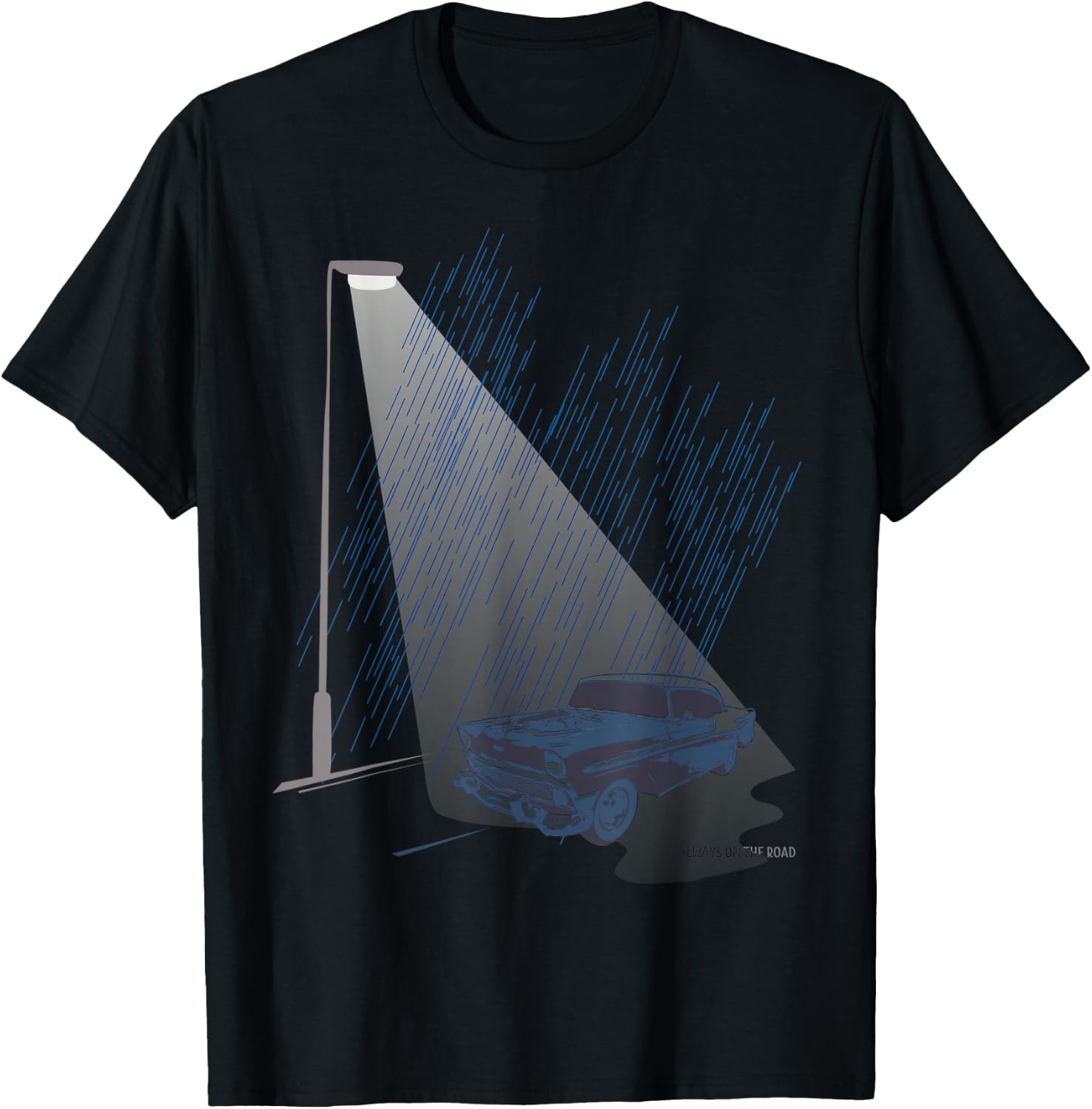 Retro Car Street Lamp Light Rainy Night Classic Road Trip T-Shirt - T-Shirt | Black