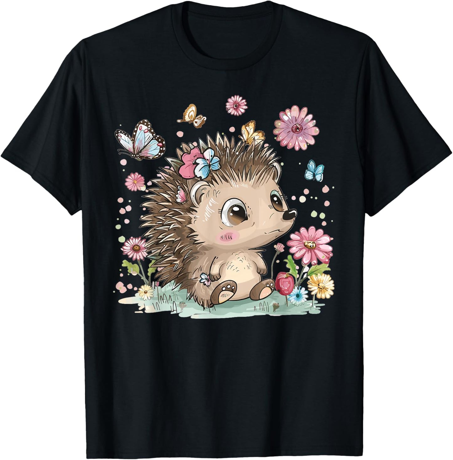 Cute Hedgehog With Flowers I Hedgehog T-Shirt - T-Shirt | Black