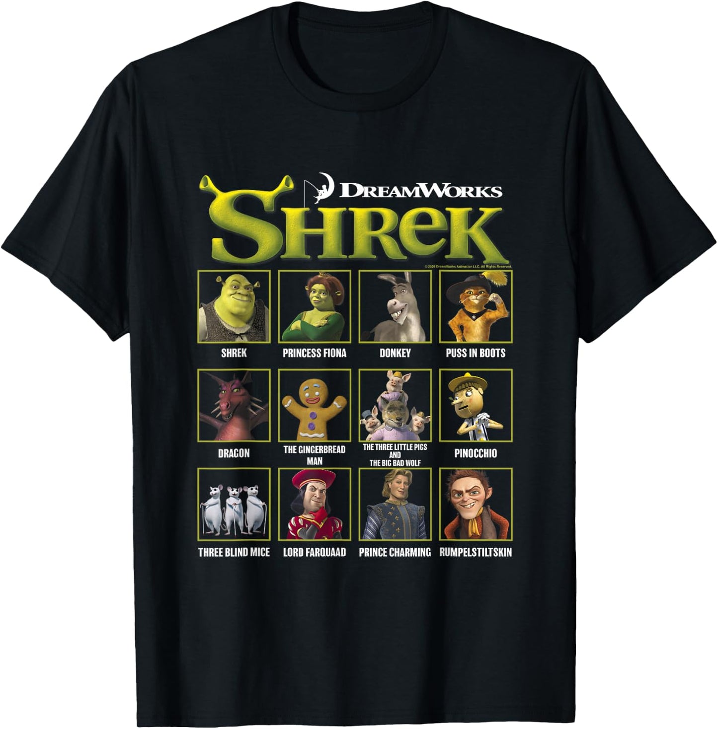 Shrek Iconic Shrek Yearbook Looks Group Shot Chest Panels T-Shirt - T-Shirt | Black