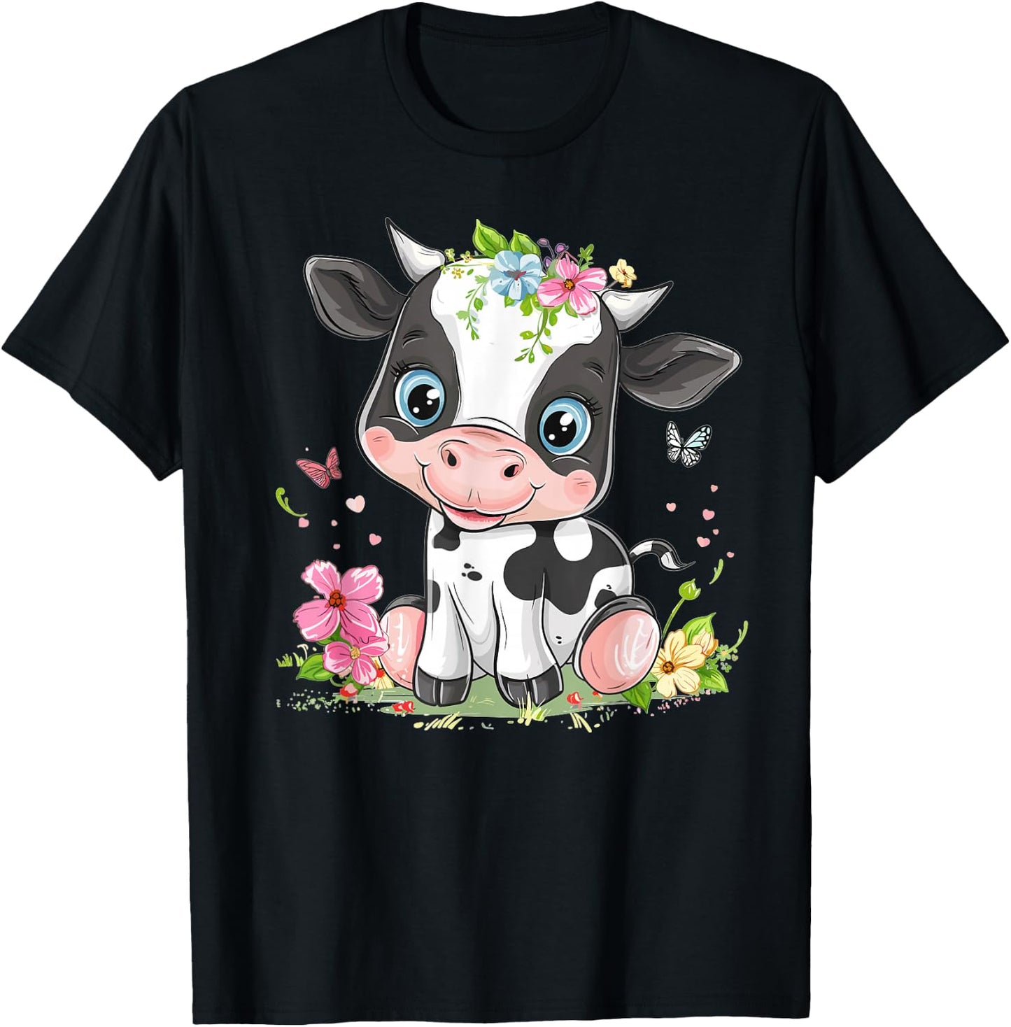 Cute Cow With Flowers I Kids Cow T-Shirt - T-Shirt | Black