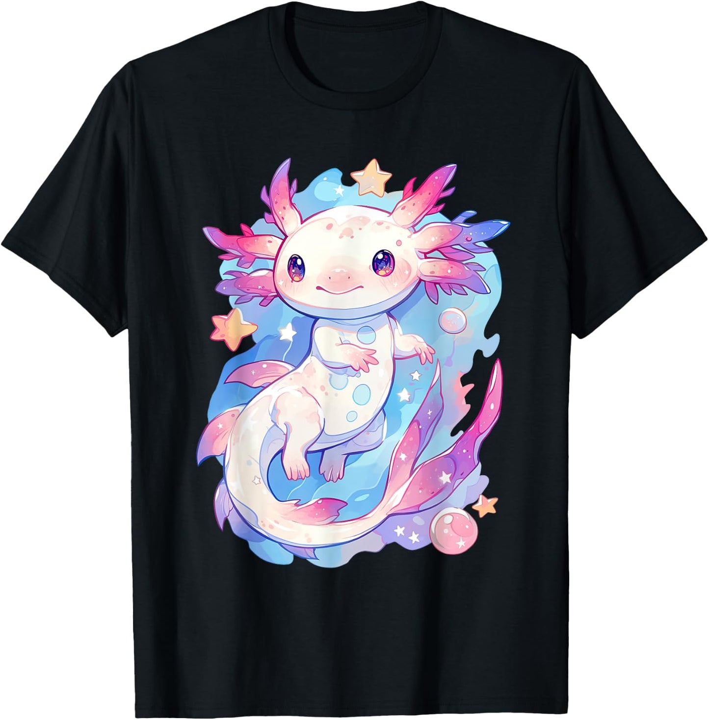 Kawaii Pastel Goth Cute Pink Axolotl with Stars and Moon T-Shirt - T-Shirt | Black