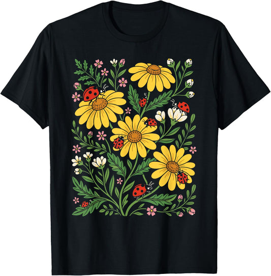 Ladybug Flower Cottagecore Cute Women Ladybug T-Shirt - T-Shirt | Black