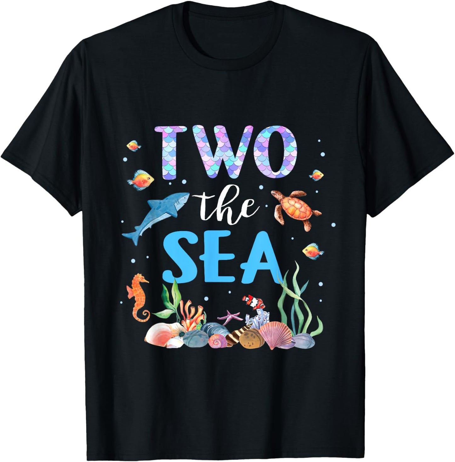 Two The Sea 2nd Birthday Baby Girl Outfits Mermaid Turtle T-Shirt - T-Shirt | Black