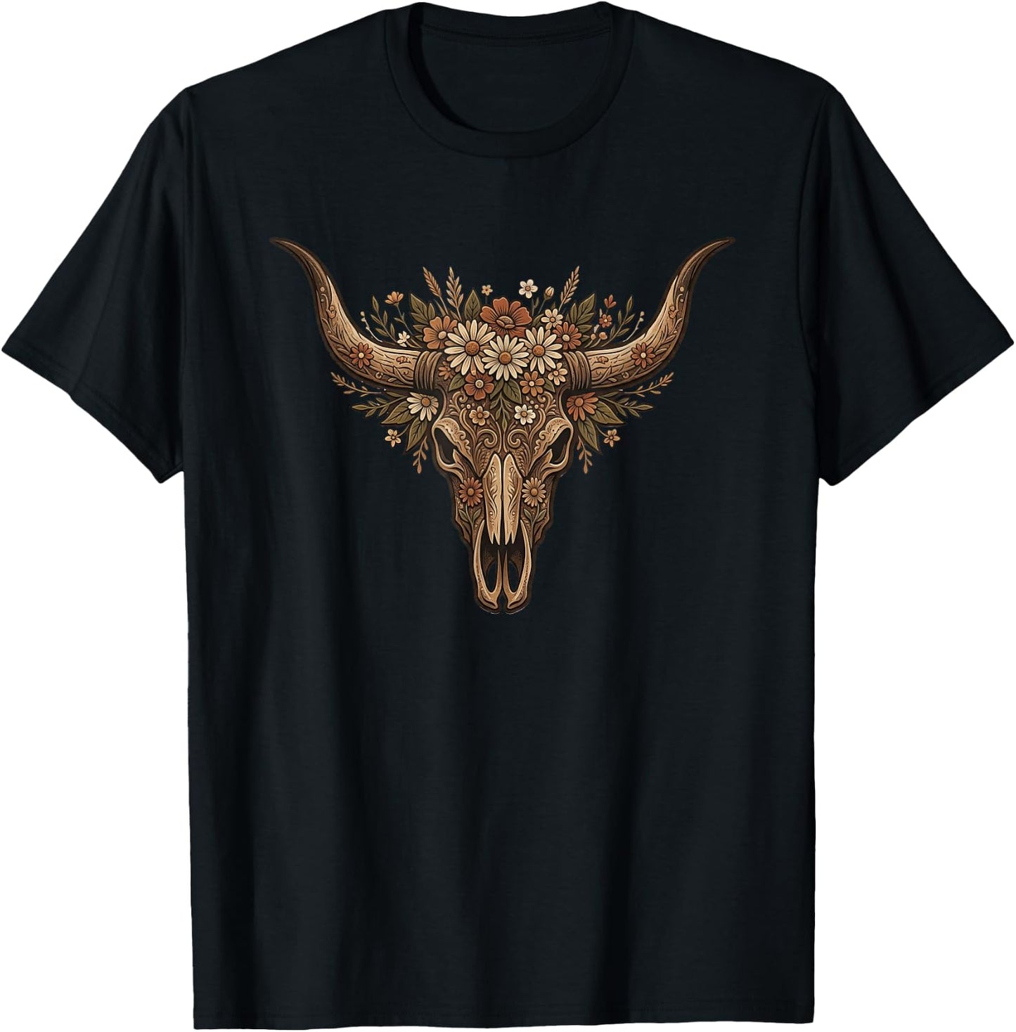 Boho Floral Cow Skull Western Cowboy Cowgirl Country Girls T-Shirt - T-Shirt | Black