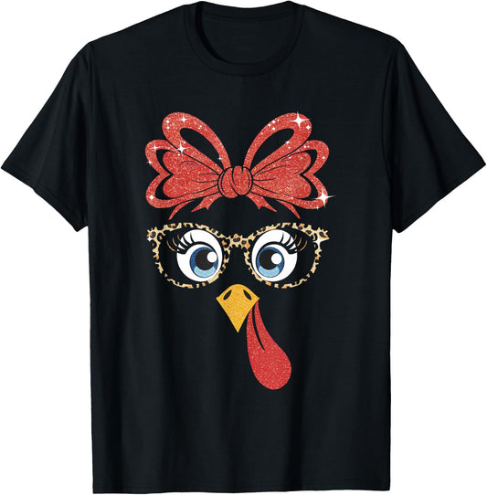 Thanksgiving Turkey Face Leopard Glasses Women Girls T-Shirt - T-Shirt | Black
