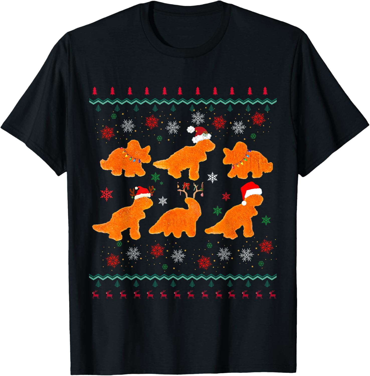 Dinosaur Chicken Nuggets Ugly Christmas Sweater styleFunny T-Shirt - T-Shirt | Black