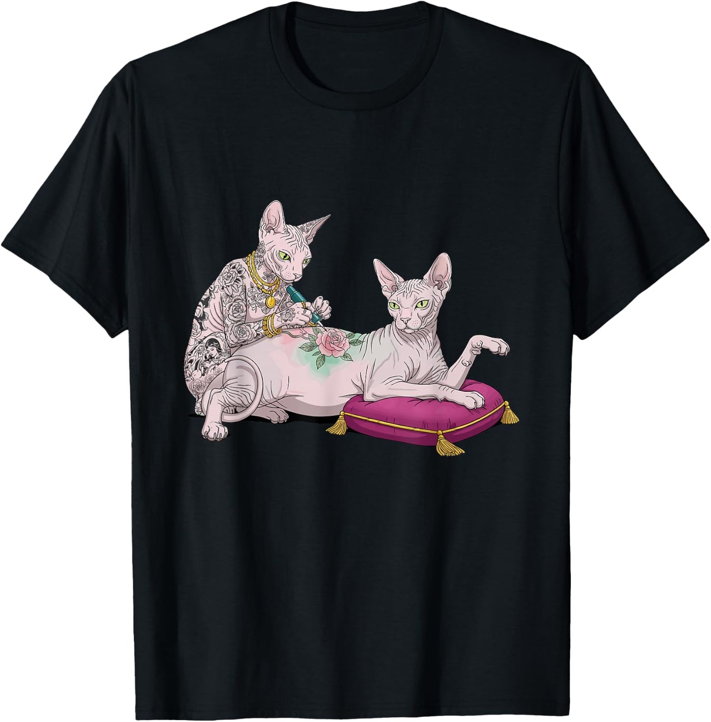 Sphynx Cat Tattooing Funny Meme Kitty Humor Tattoo Artist T-Shirt - T-Shirt | Black