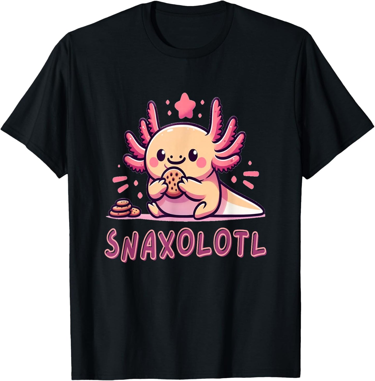 Snaxolotl Pun Animal Funny Kawaii Axolotl Eating Snacks T-Shirt - T-Shirt | Black
