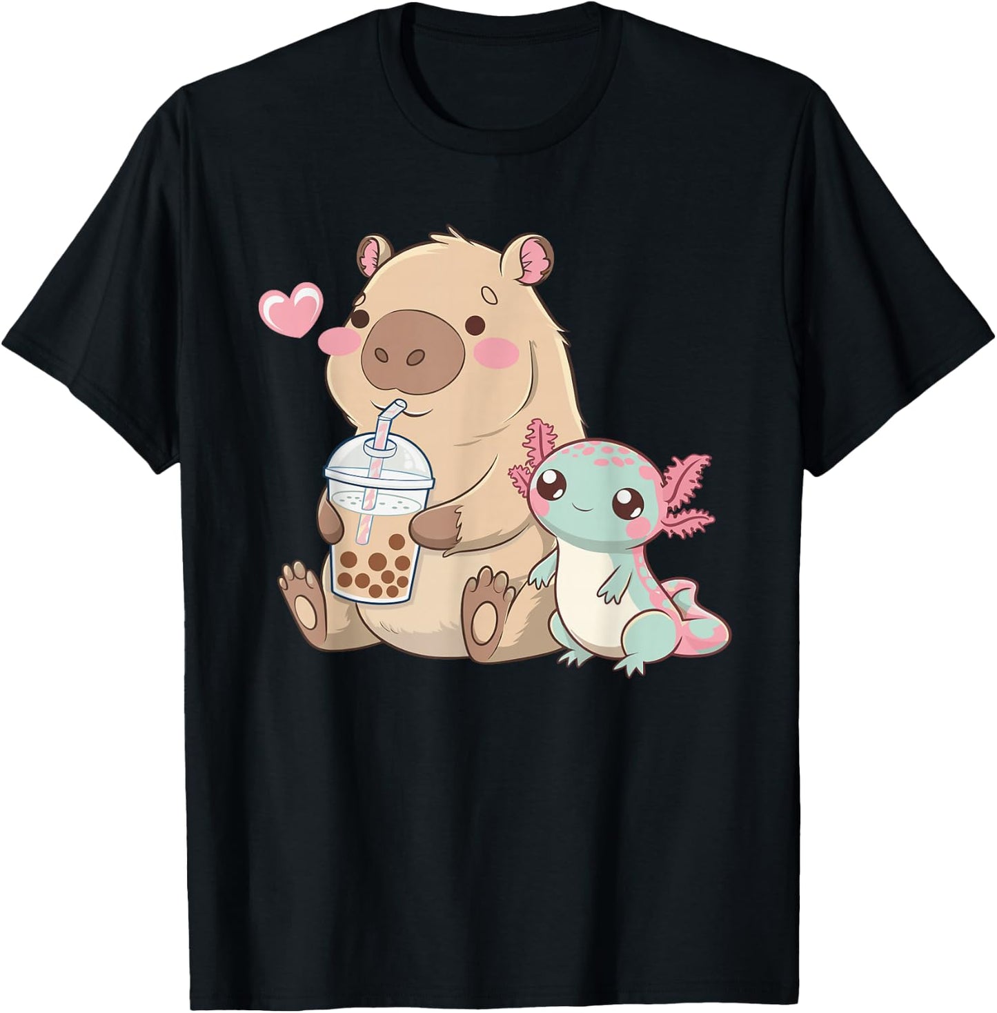 Cute Axolotl Lover Capybara Kawaii Anime Drinking Bubble Tea T-Shirt - T-Shirt | Black
