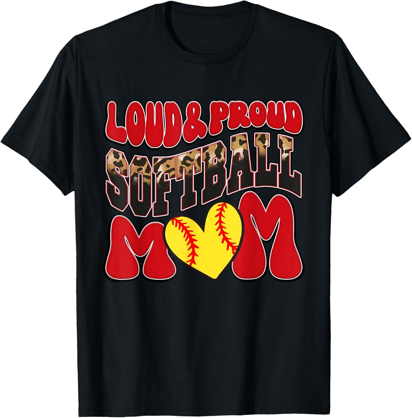 Loud Proud Softball Mom Red Team Leopard Softball Mom Squad T-Shirt - T-Shirt | Black