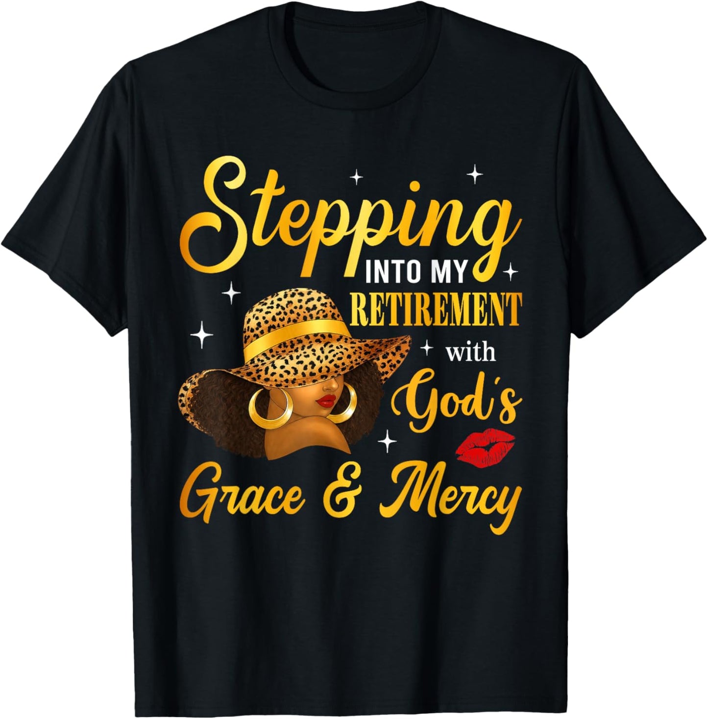 Stepping Into Retirement Afro Woman Leopard Sun Hat Retired T-Shirt - T-Shirt | Black
