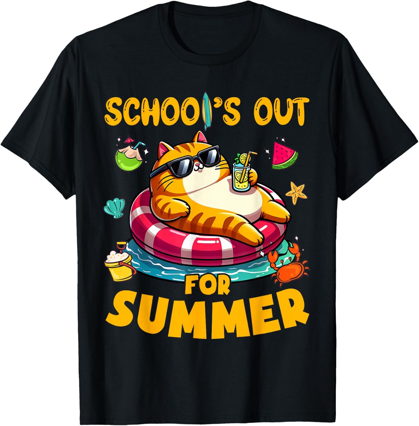 Schools Out For Summer Teacher Cat Lover Last Day Of School T-Shirt - T-Shirt | Black