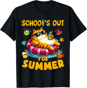 Schools Out For Summer Teacher Cat Lover Last Day Of School T-Shirt - T-Shirt | Black