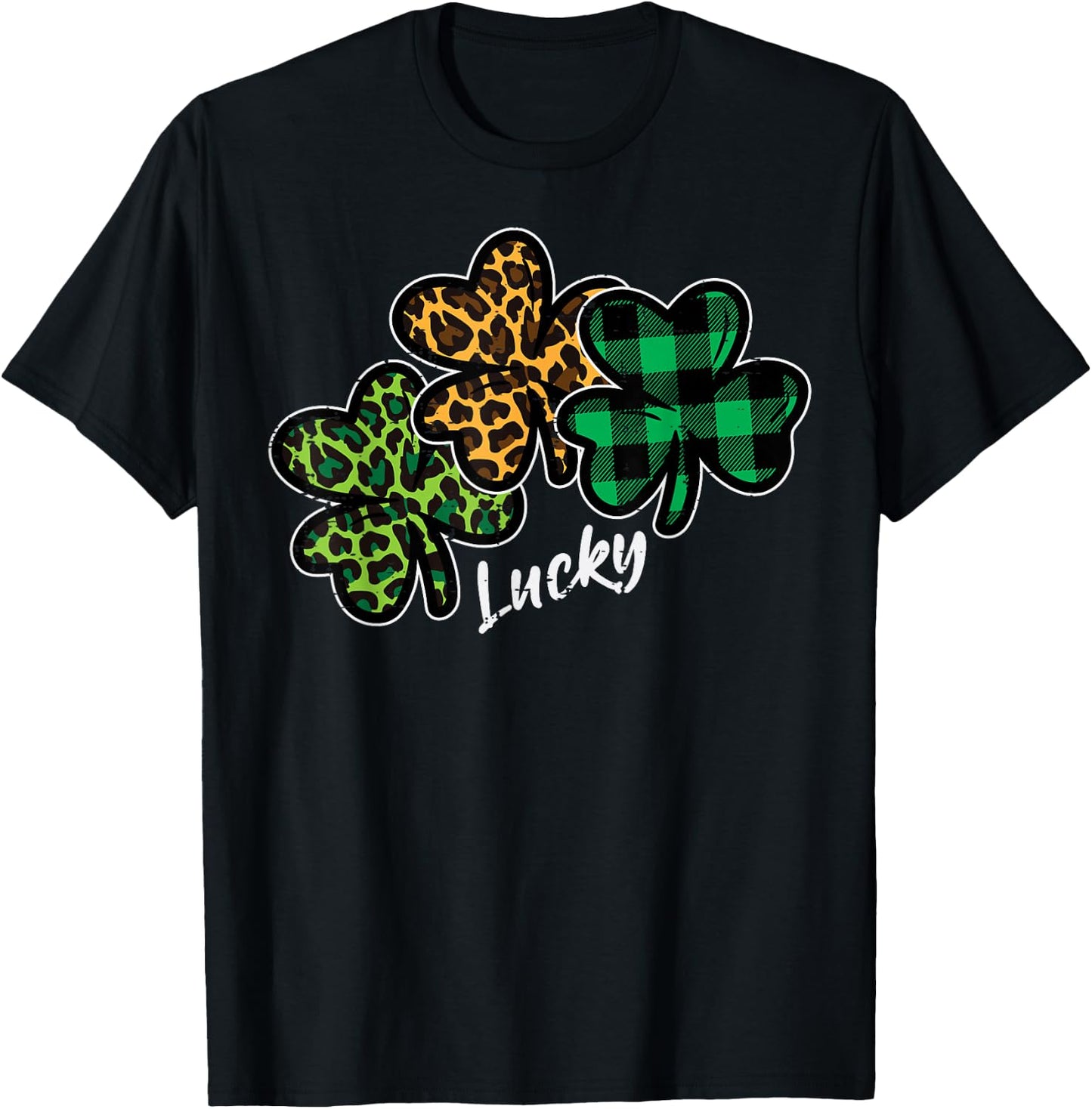 Leopard Shamrocks Lucky St Patricks Day Women Girls Kids T-Shirt - T-Shirt | Black