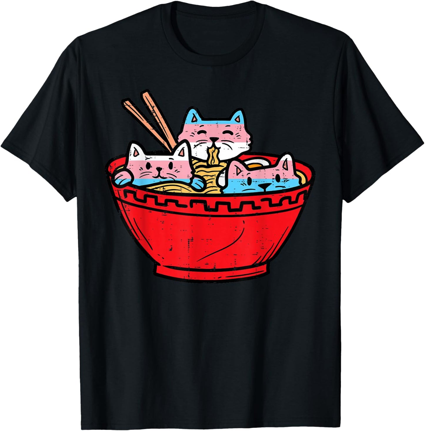 Ramen Cats Transgender Trans Pride Flag Japanese Noodle Food T-Shirt - T-Shirt | Black