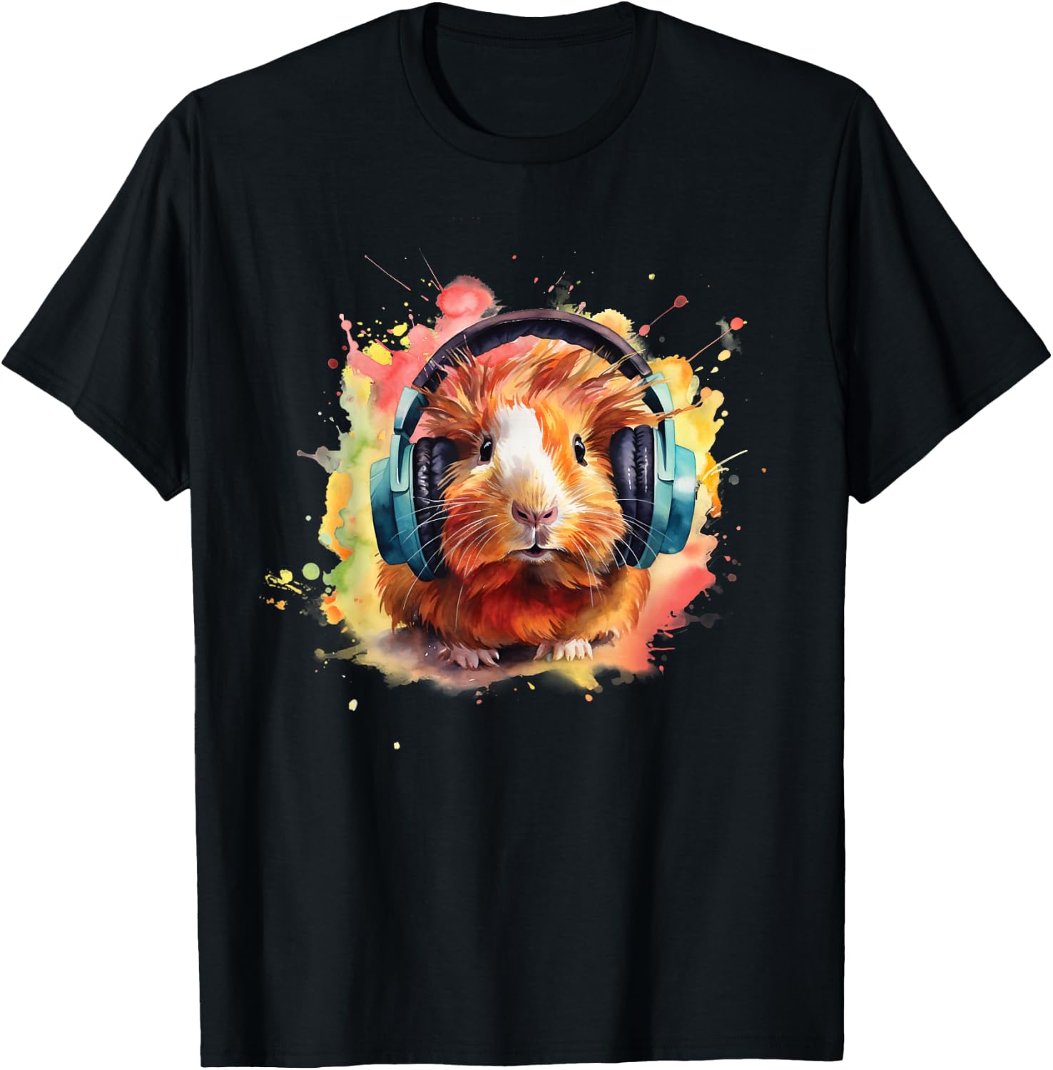 Watercolor Headphones Funny Guinea Pig T-Shirt - T-Shirt | Black
