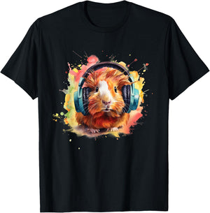 Watercolor Headphones Funny Guinea Pig T-Shirt - T-Shirt | Black