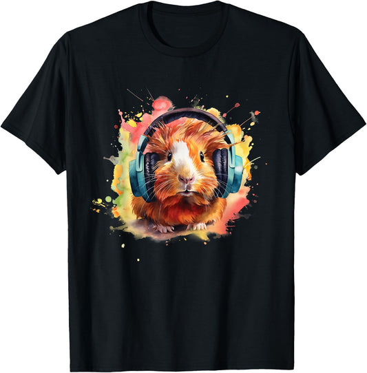 Watercolor Headphones Funny Guinea Pig T-Shirt - T-Shirt | Black