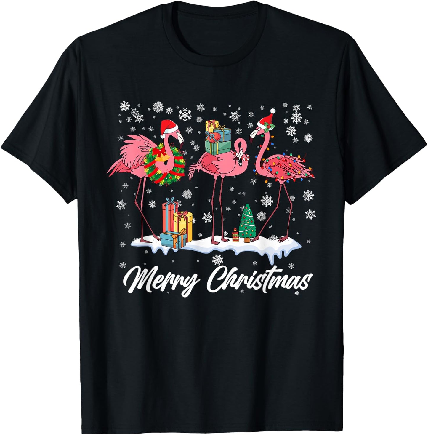 Pink Flamingo Hat Santa Merry Christmas Lights Girls T-Shirt - T-Shirt | Black