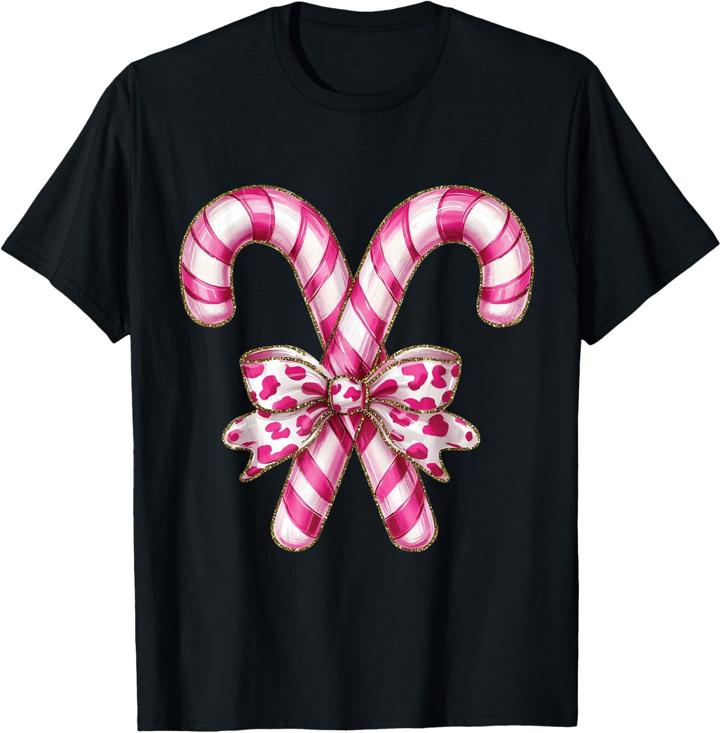 Christmas Candy Cane Coquette Bow Xmas Holiday Women Girls T-Shirt - T-Shirt | Black