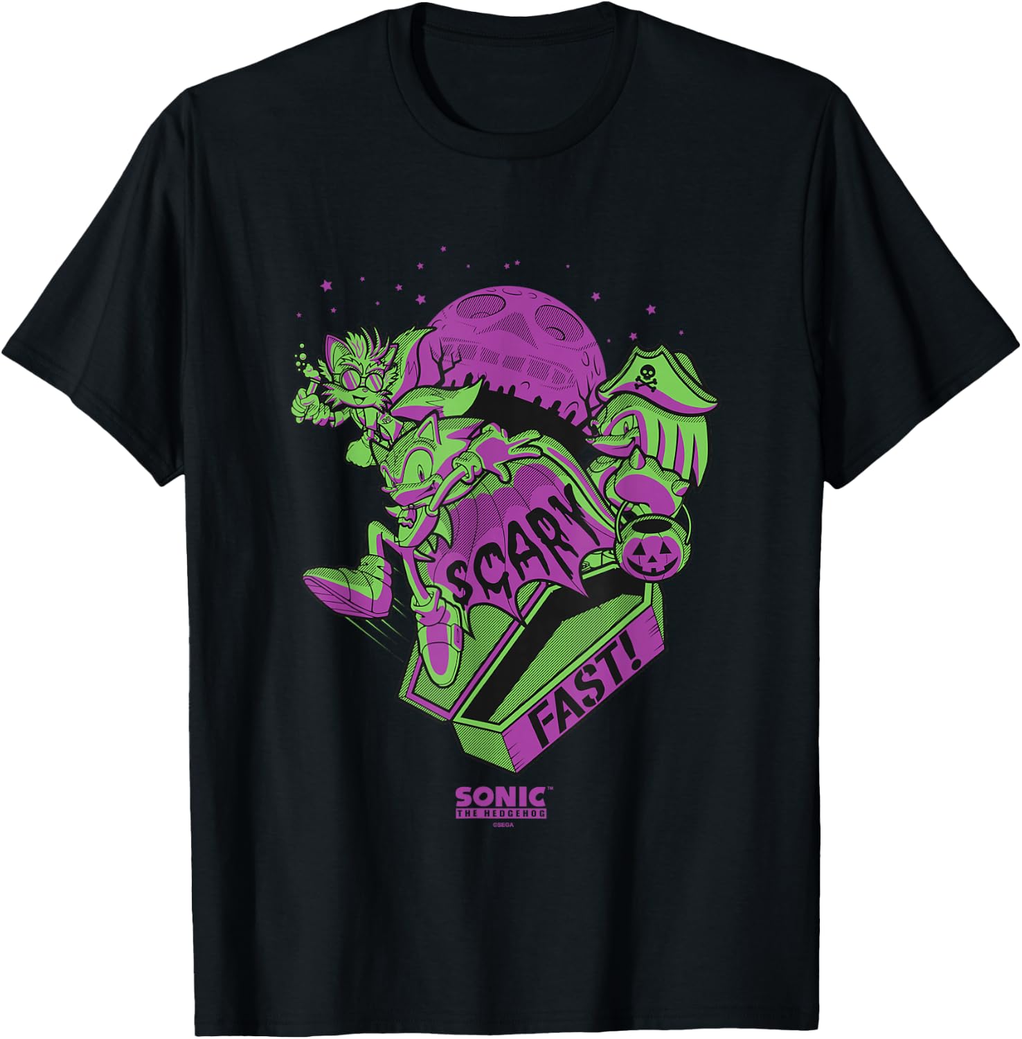 Sonic The Hedgehog Halloween Scary Fast Retro Neon Logo T-Shirt - T-Shirt | Black