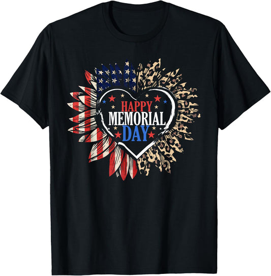 Happy Memorial Day USA Flag Sunflower Patriotic Veterans Day T-Shirt - T-Shirt | Black