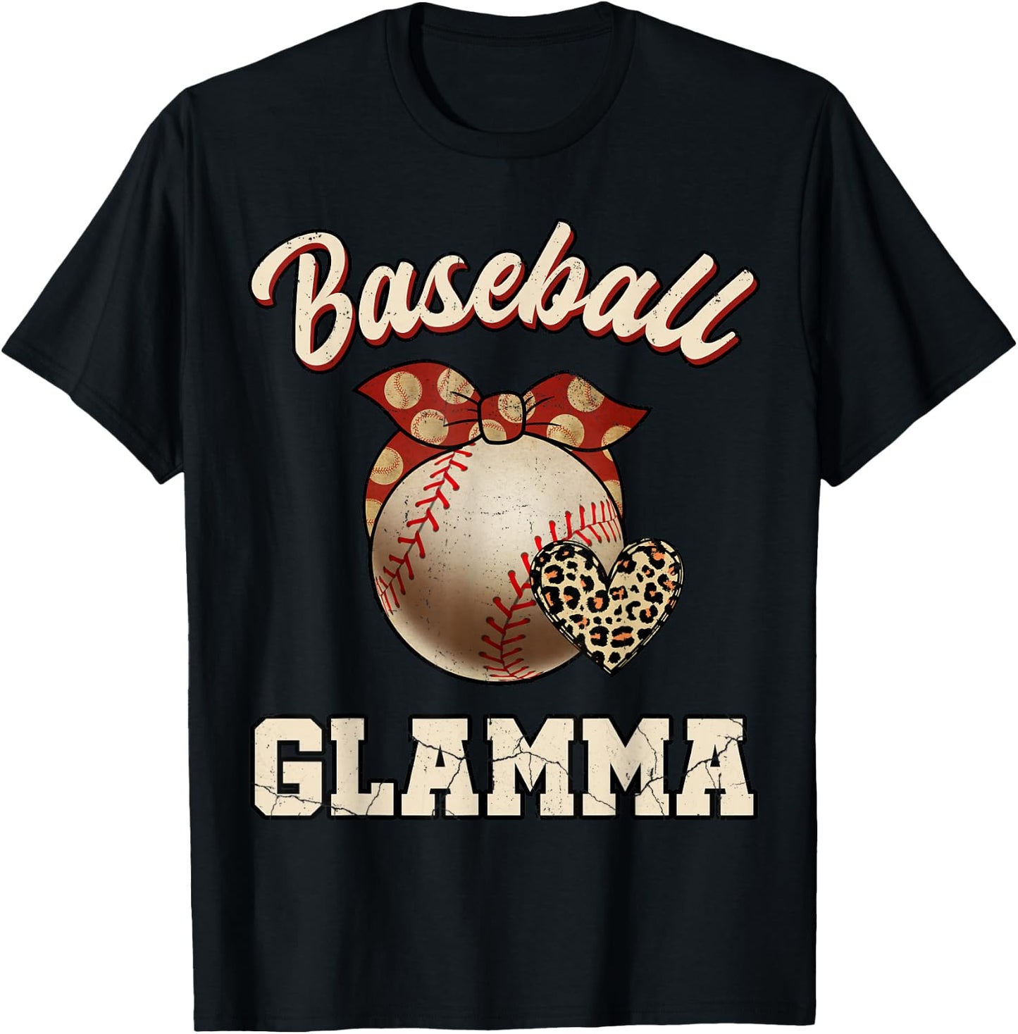 Baseball Glamma Bandana Leopard Heart Fans Mother's Day T-Shirt - T-Shirt | Black