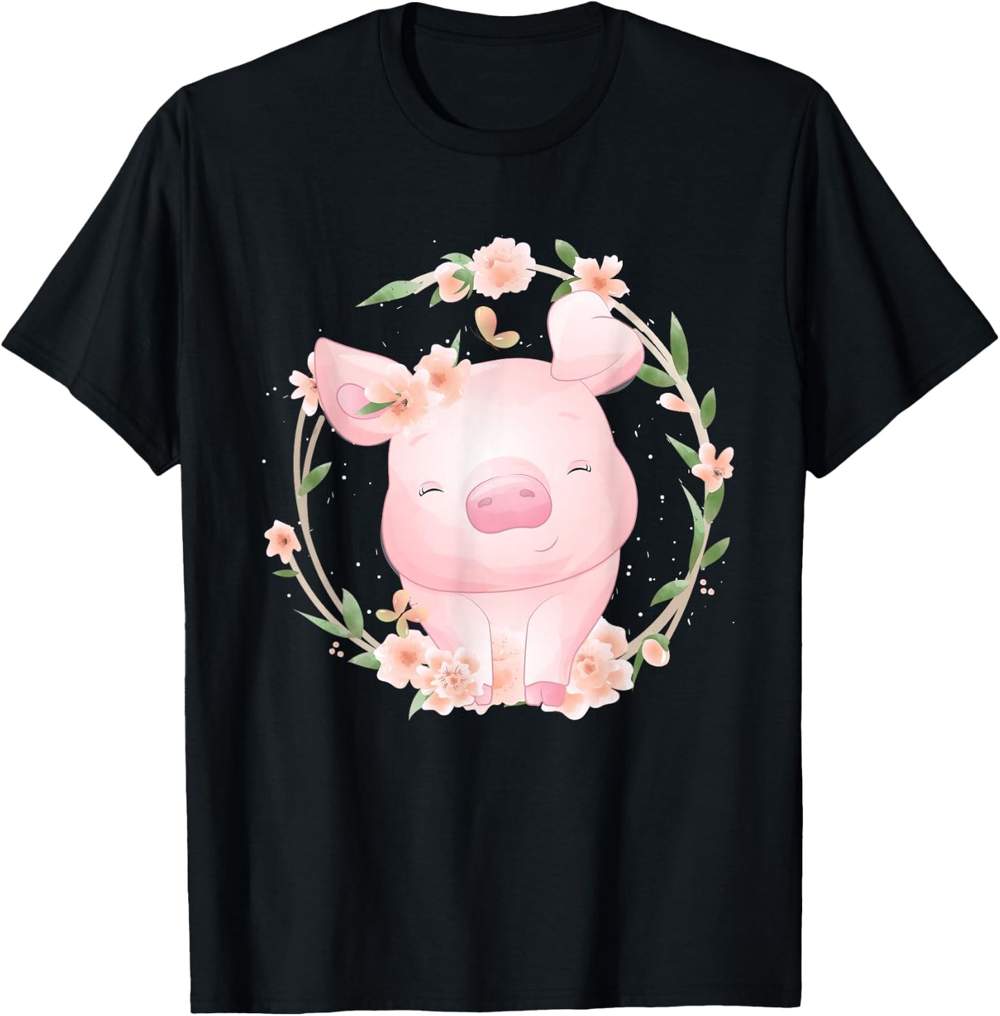 Cute Grinning Pig with Flowers Watercolour T-Shirt - T-Shirt | Black