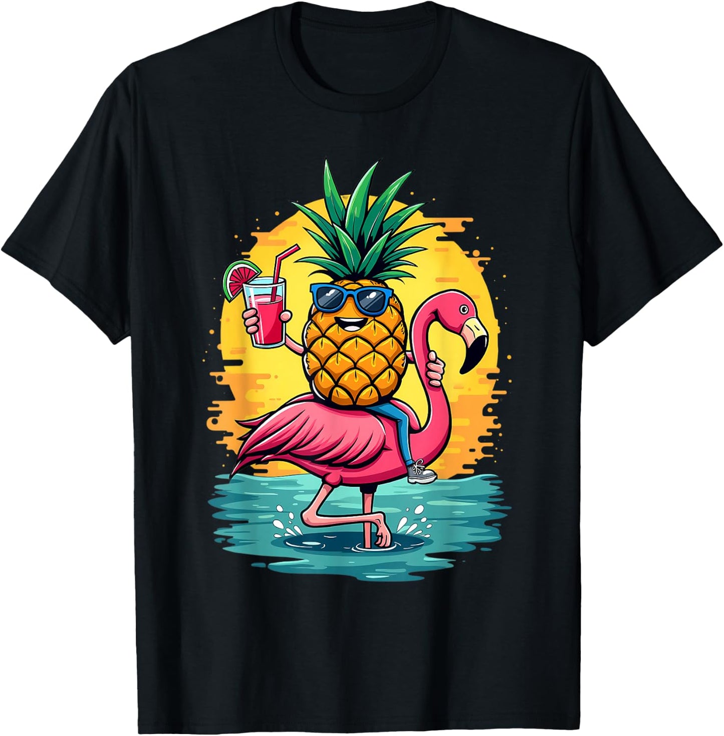 Flamingo and Pineapple Beach Hawaiian Boys Vintage T-Shirt - T-Shirt | Black