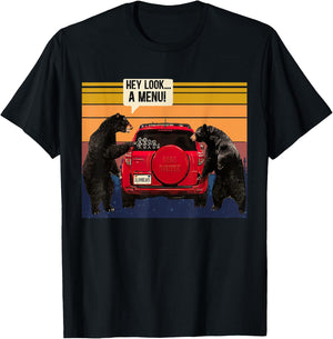 Hey Look A Menu Camping Camper, Retro Vintage Funny Bear T-Shirt - T-Shirt | Black