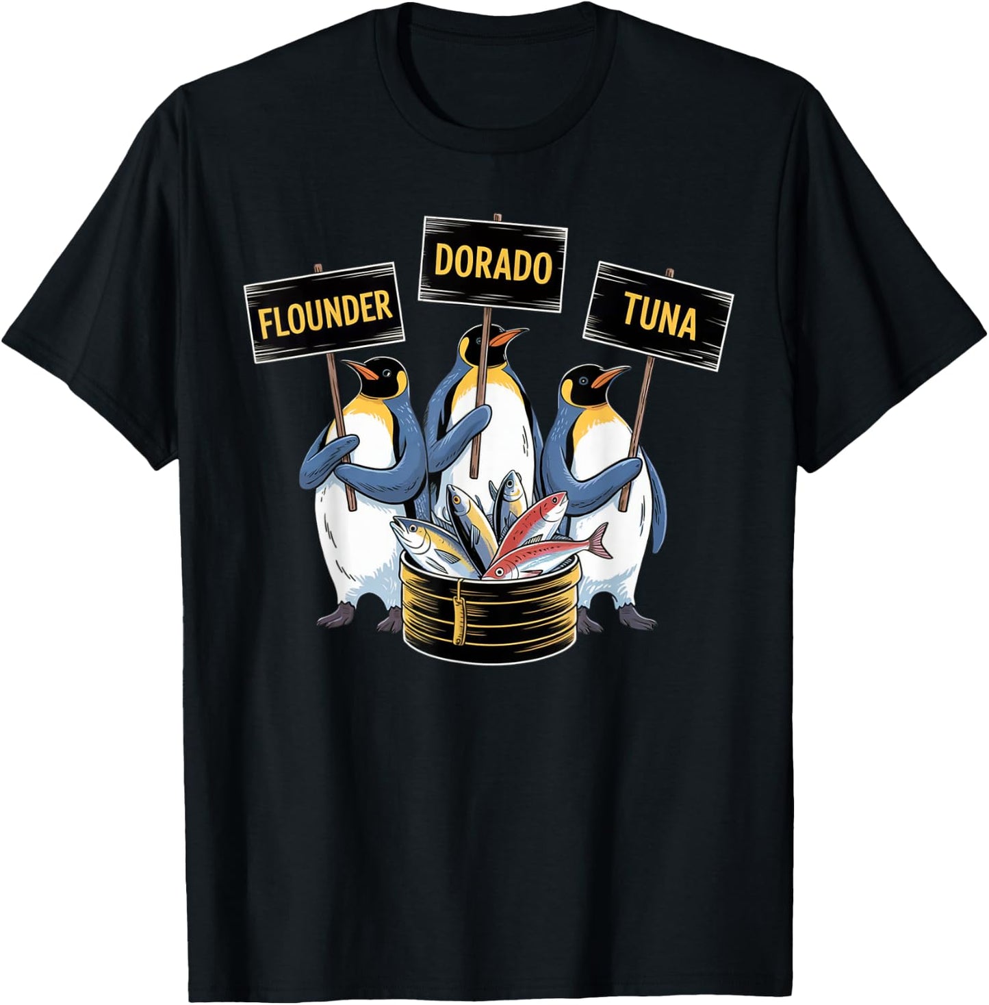 Funny Penguins Selling Flounder Dorado Tuna Fish Anti Trump T-Shirt - T-Shirt | Black