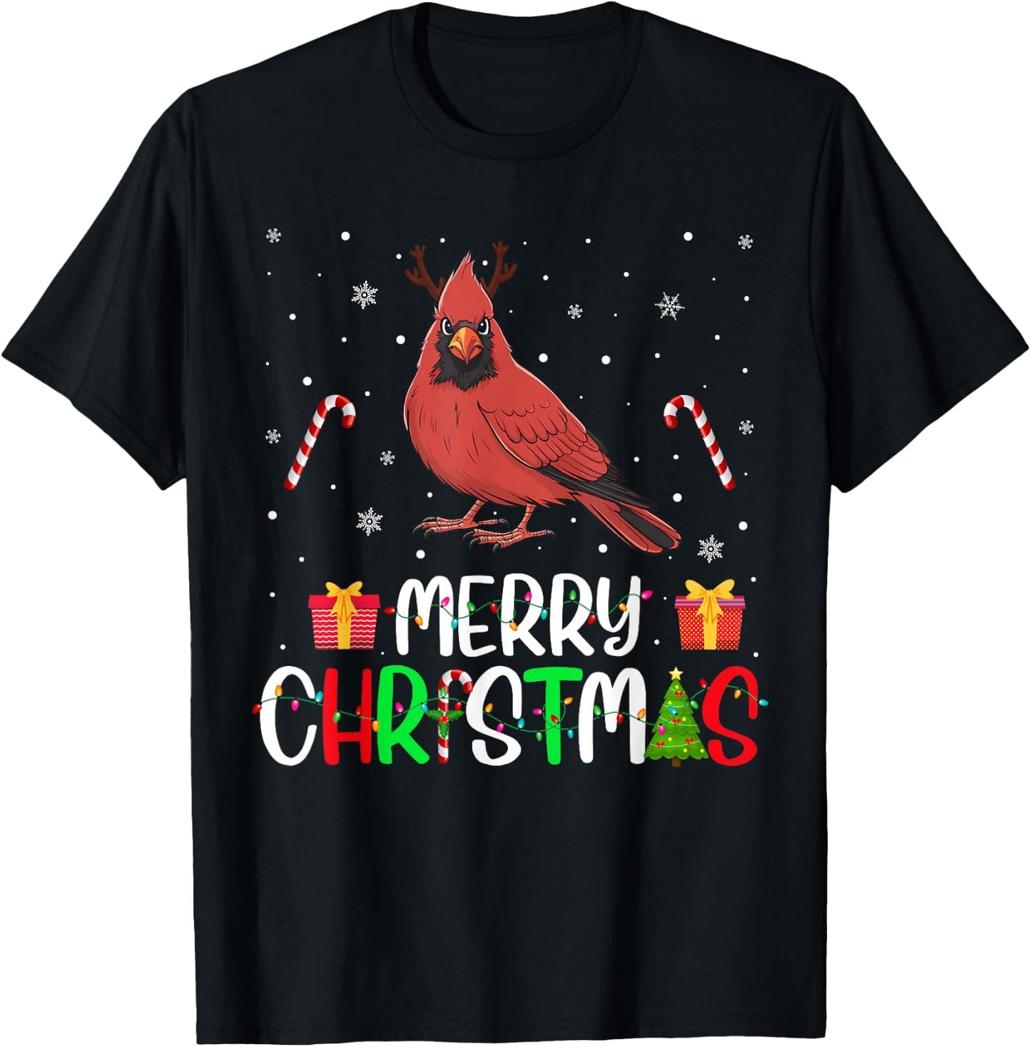 Merry Christmas Lights Cardinal Bird Reindeer Hat Xmas PJs T-Shirt - T-Shirt | Black