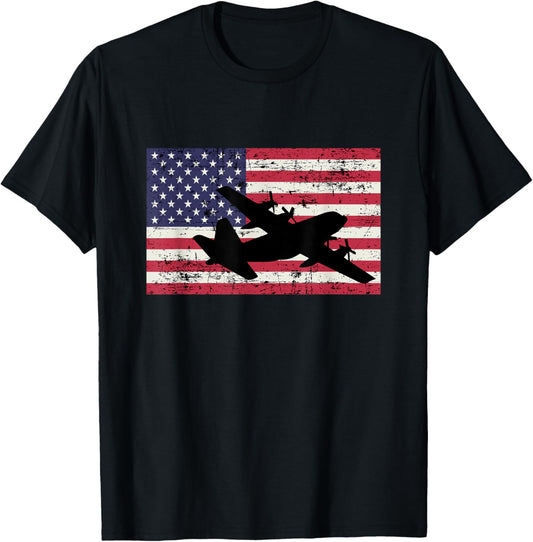 Patriotic C-130 Hercules airplane American flag Women Girls Kids Men T-Shirt - T-Shirt | Black