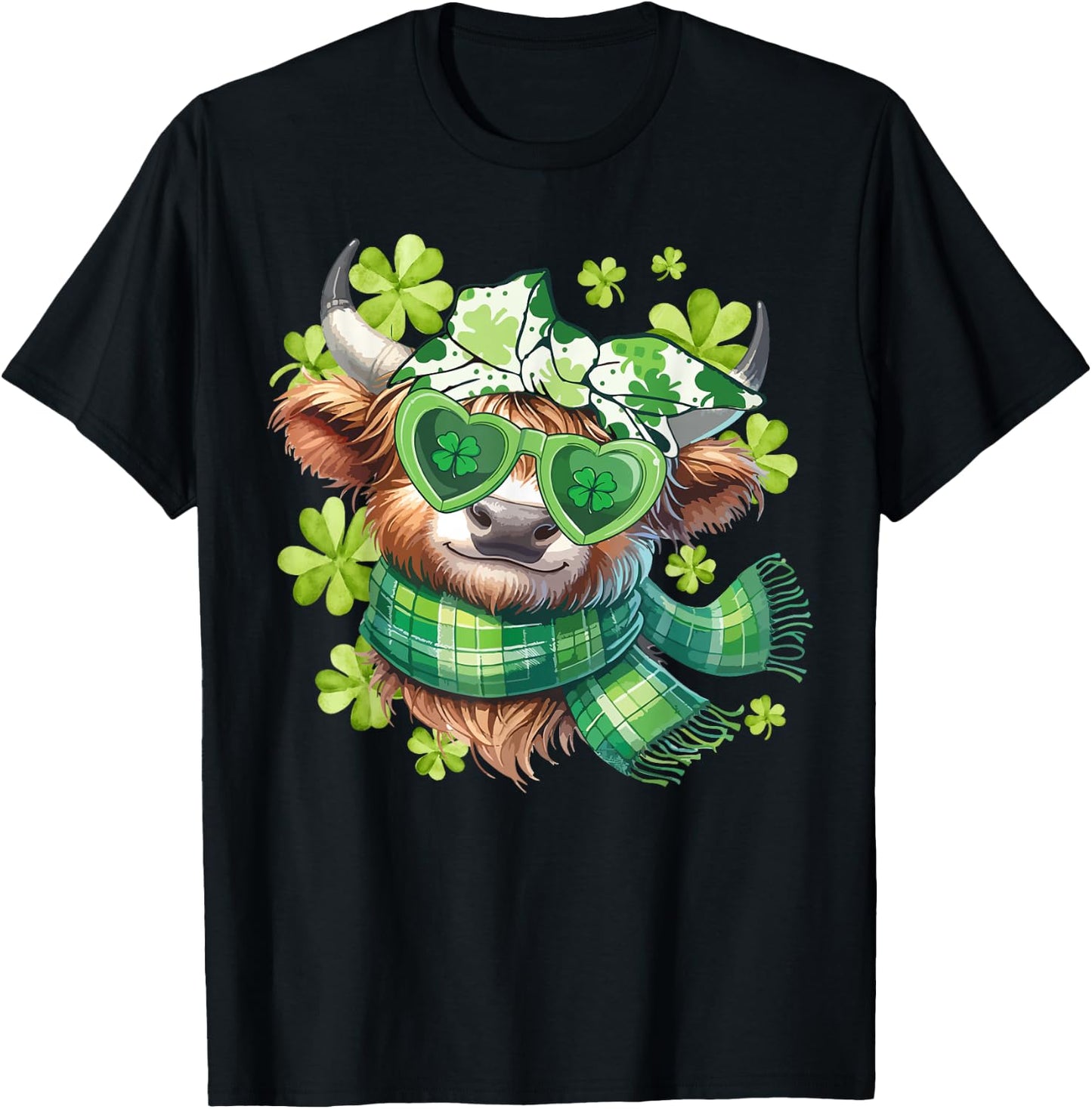 St Patrick's Day Highland Cow Lucky Shamrock Cow Kid Women T-Shirt - T-Shirt | Black