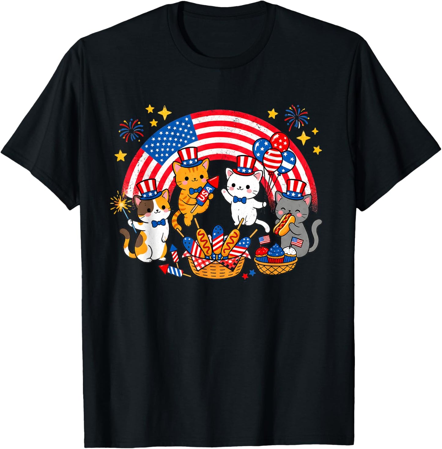 Patriotic Cat 4th of July Firework American Flag Women Girls T-Shirt - T-Shirt | Black