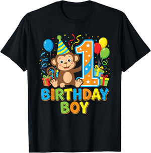 Cute Monkey One Year Old Boy Birthday T-Shirt - T-Shirt | Black