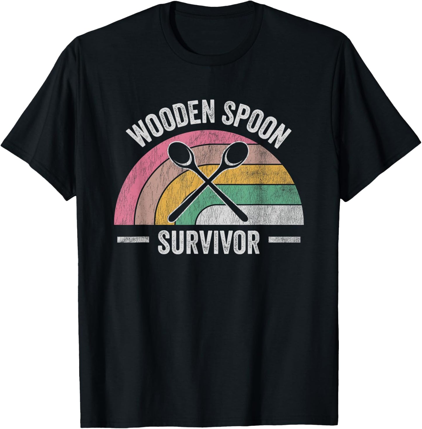Wooden Spoon Survivor Retro Rainbow Humor T-Shirt - T-Shirt | Black