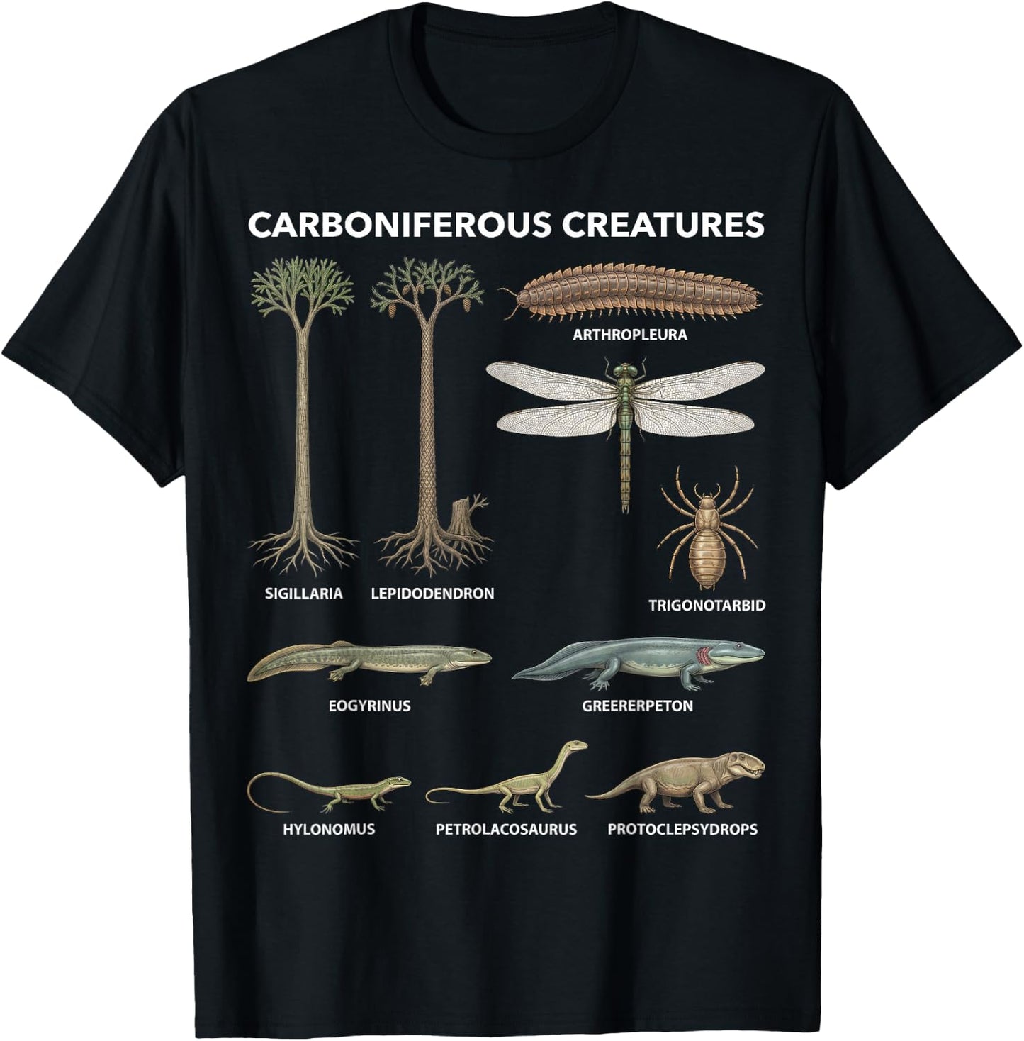 Carboniferous Creatures Paleontology Fossil Species T-Shirt - T-Shirt | Black