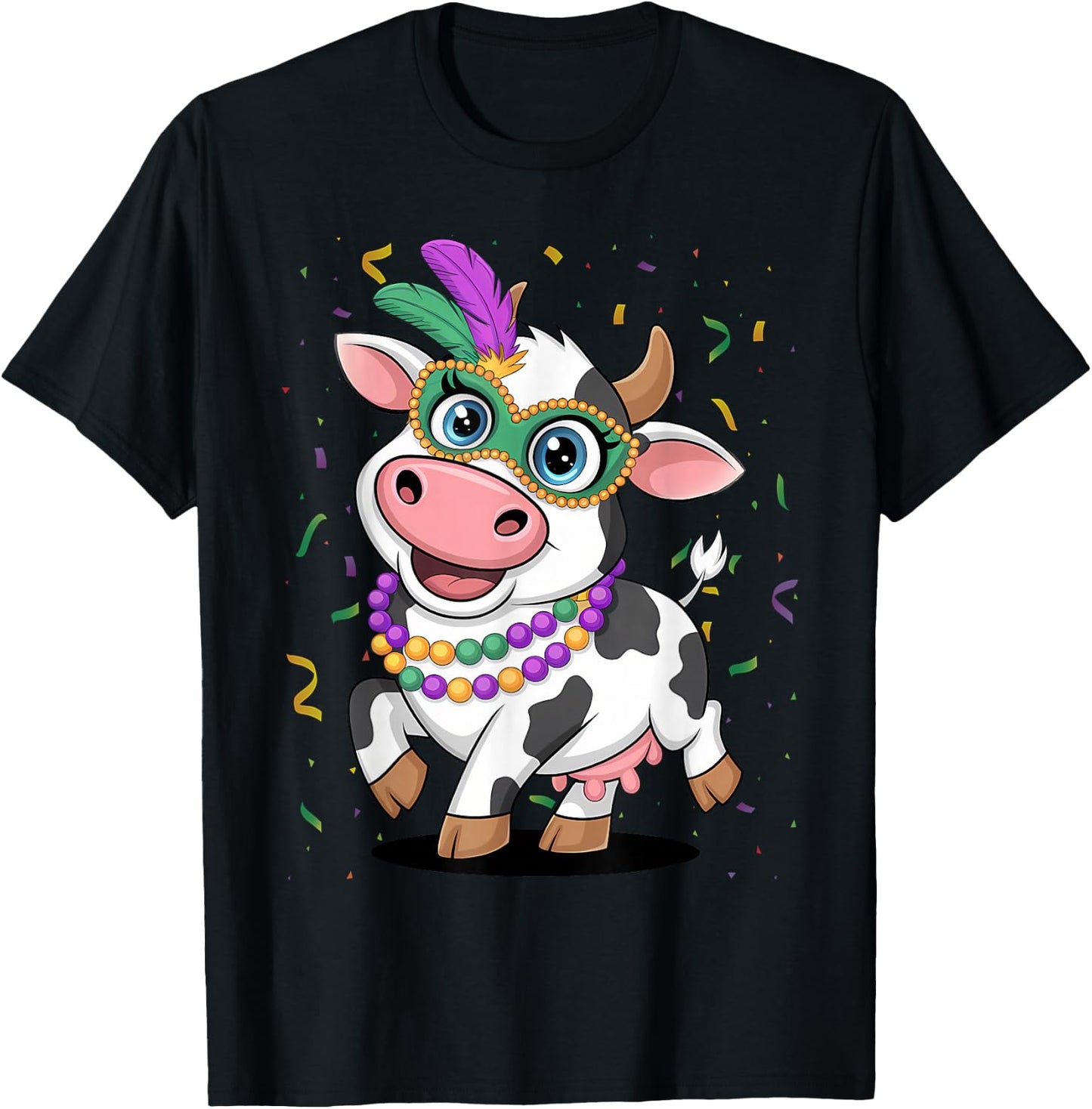 Mardi Gras Cow Wearing Mardi Gras Costume Beads T-Shirt - T-Shirt | Black