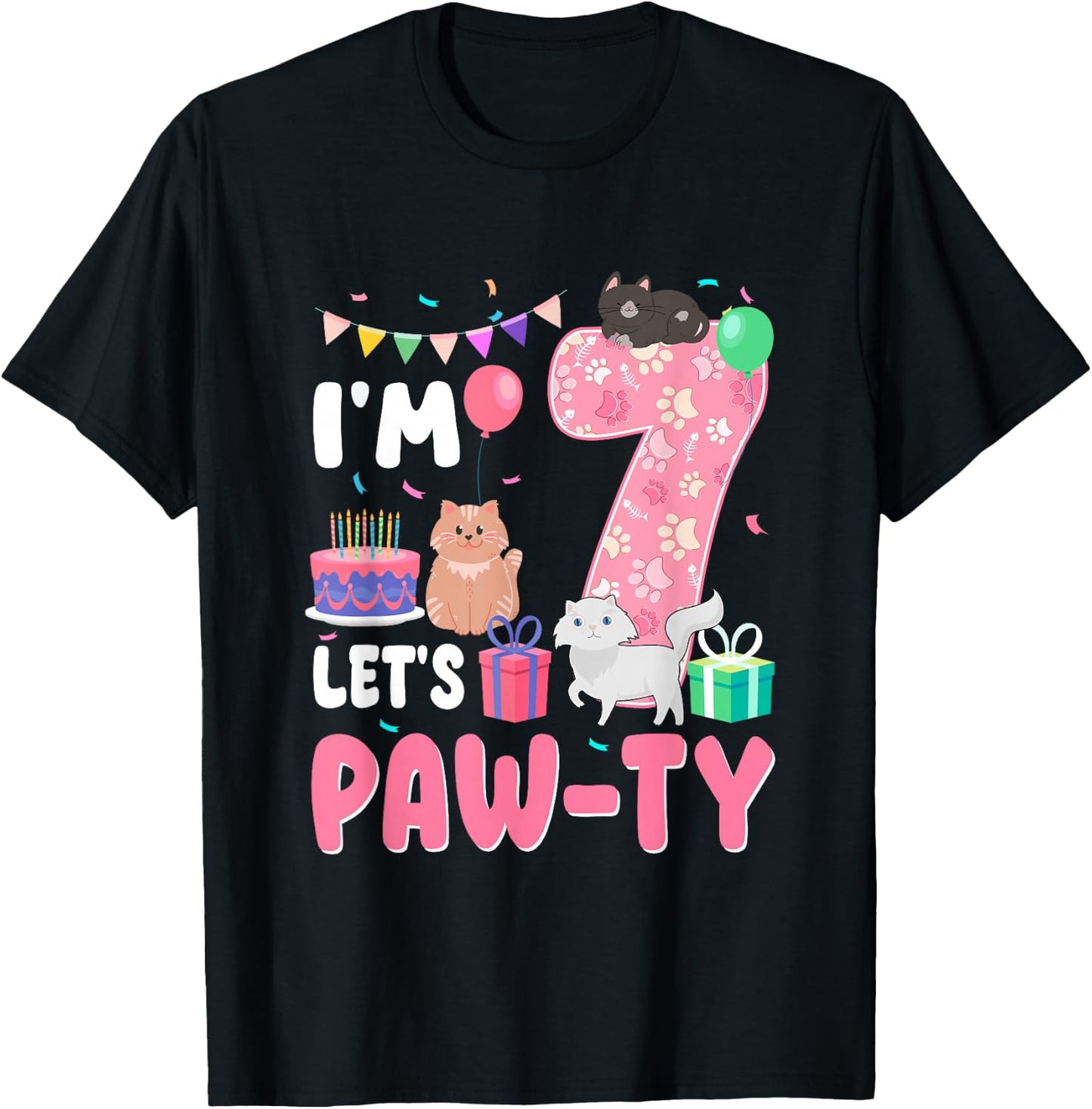 I'm 7 Let's Paw-Ty 7th Birthday Cats Lover 7 Year Old T-Shirt - T-Shirt | Black