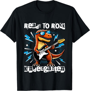 Kids Rock Kindergarten Dinosaur Guitarist Back to School Boys T-Shirt - T-Shirt | Black